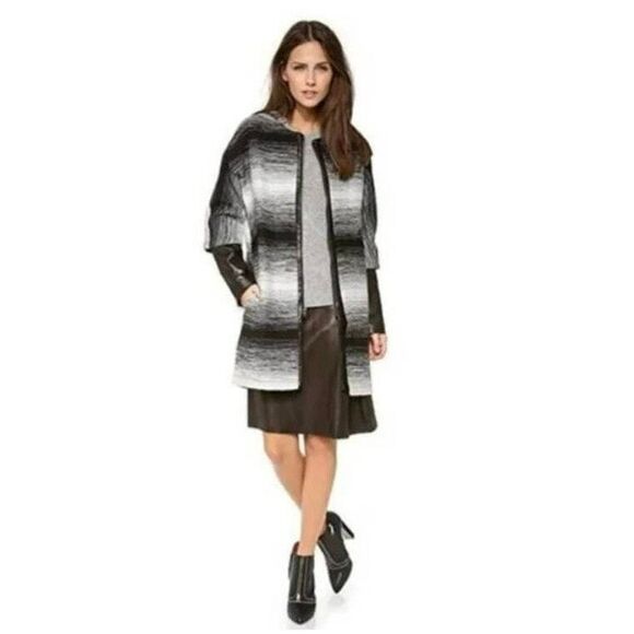 Parker  Coat w Lambs Leather Trim Black & White Stripes Size XSmall Oversized Wo - Picture 13 of 14